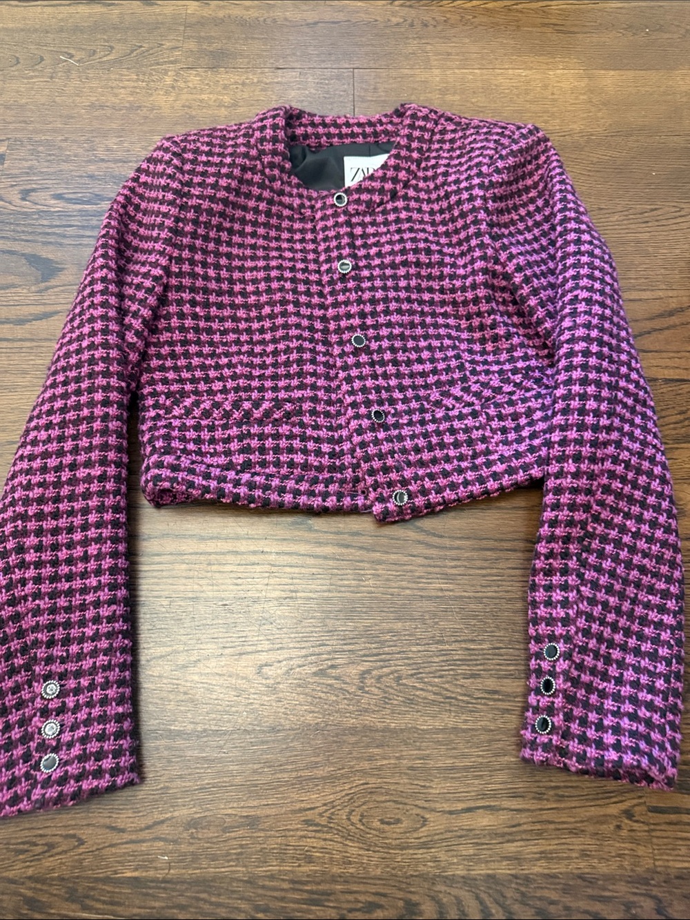 Zara Pink and Black Tweed Cropped Jacket
